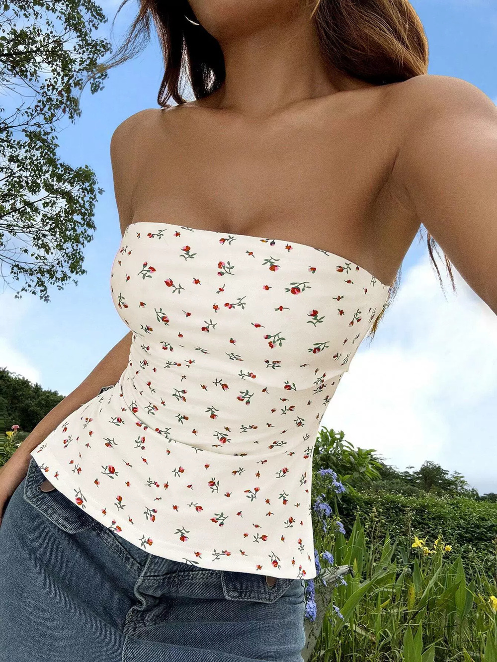 ZARA Spring Summer Youthful Floral Crop Tube Top Slimming